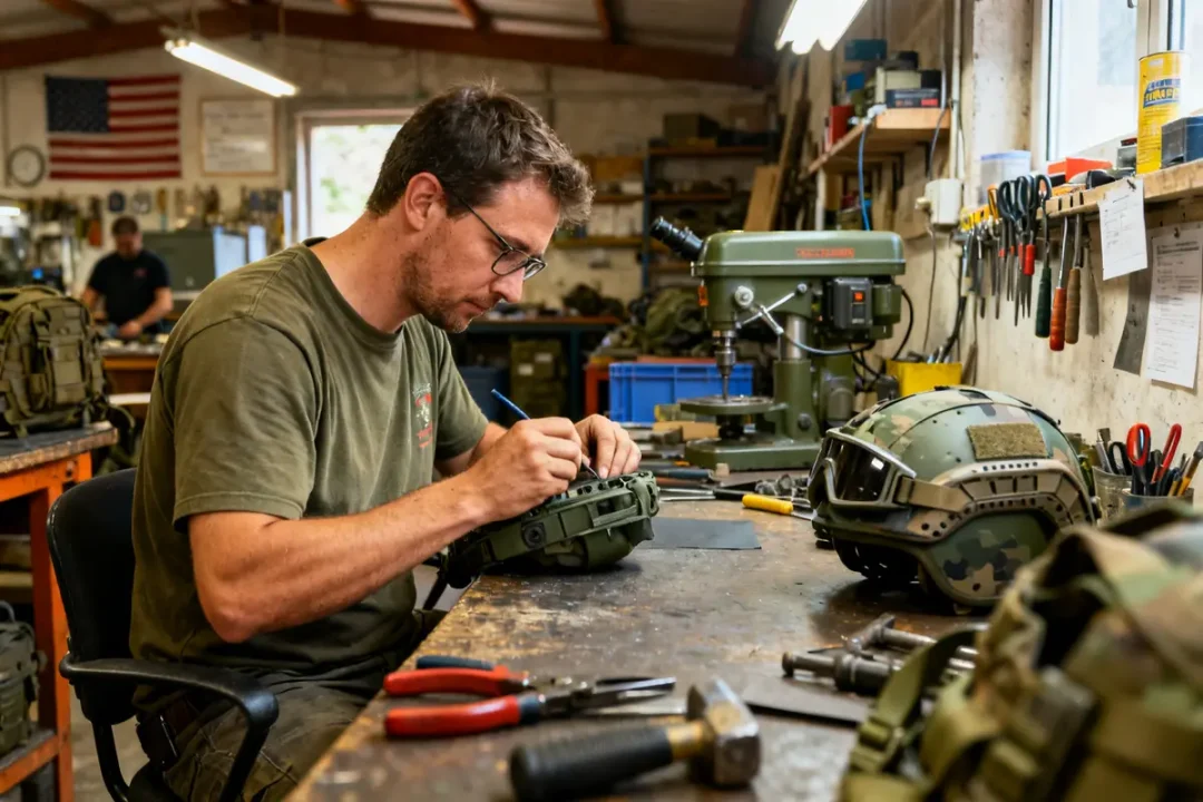 Homme ajustant équipement militaire dans atelier Doursoux avec outils et perceuse en arrière-plan