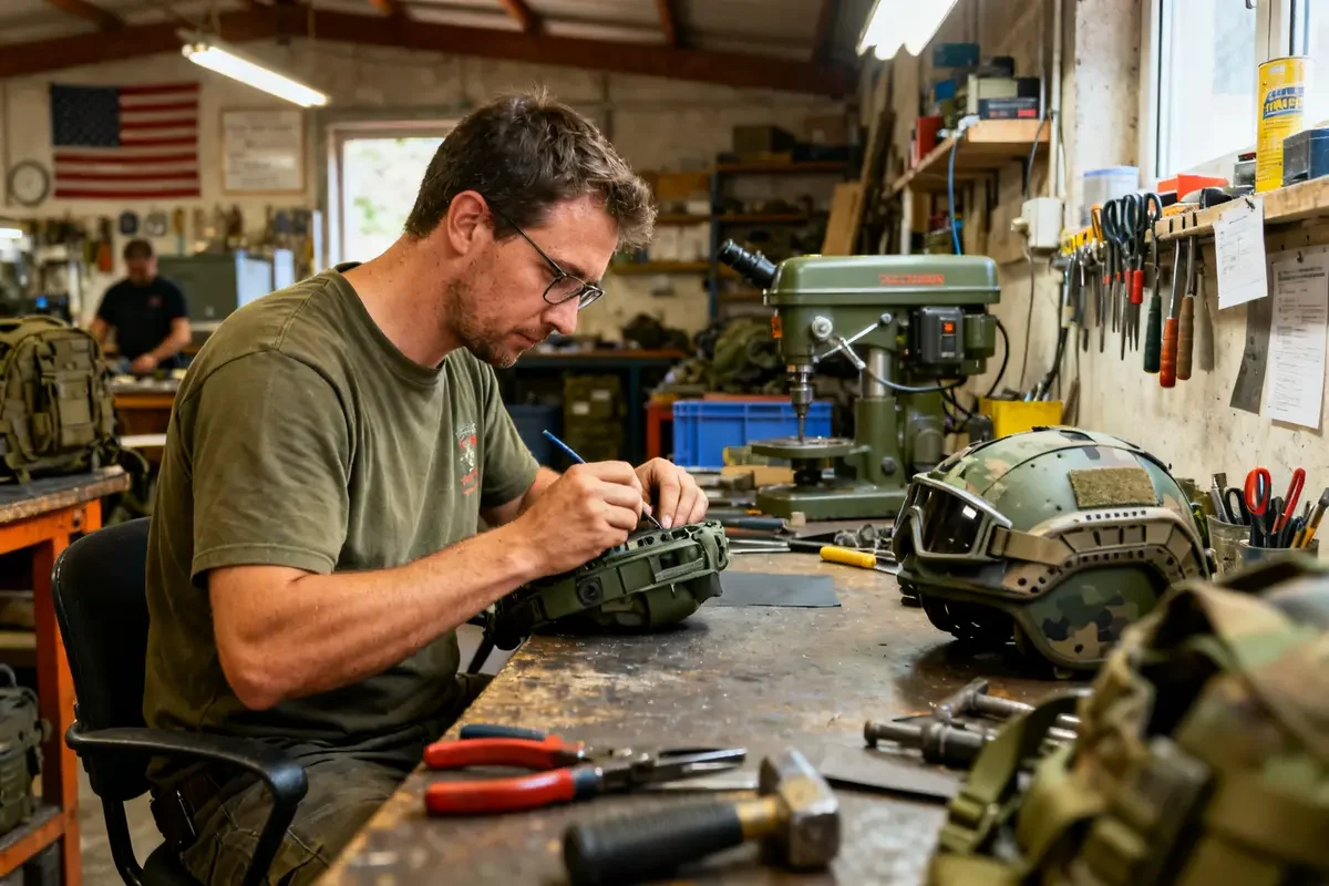 Homme ajustant équipement militaire dans atelier Doursoux avec outils et perceuse en arrière-plan