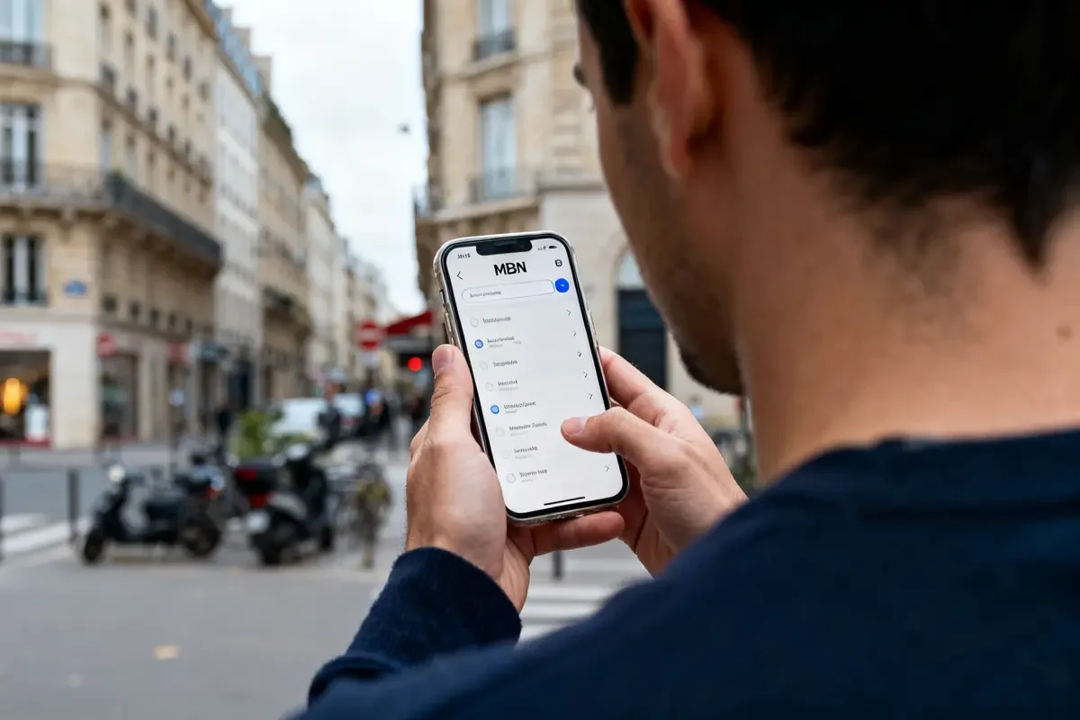 Personne utilisant l'application MBN sur smartphone dans une rue urbaine animée.