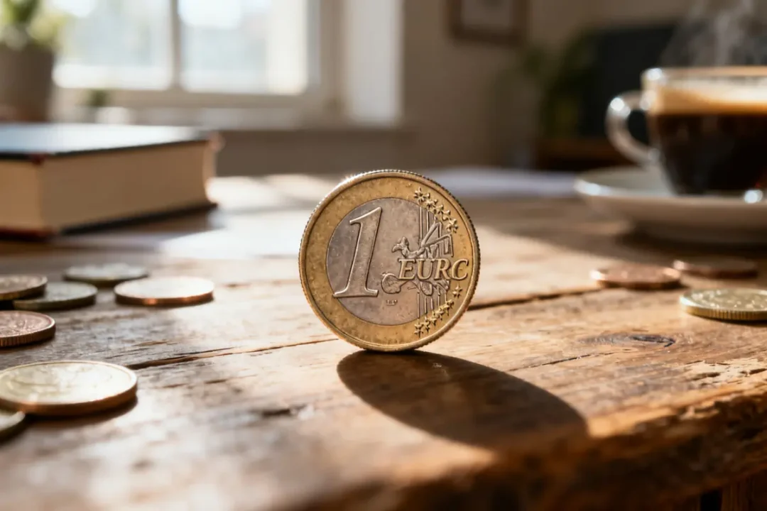 Pièce 1 euro rare debout sur une table en bois éclairée par le soleil