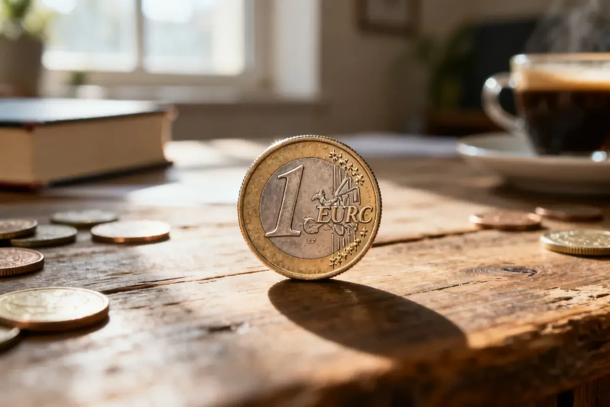 Pièce 1 euro rare debout sur une table en bois éclairée par le soleil