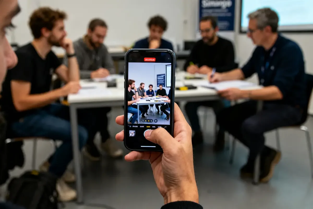 Un groupe discute autour d'une table, capturé par un smartphone, chez Simango