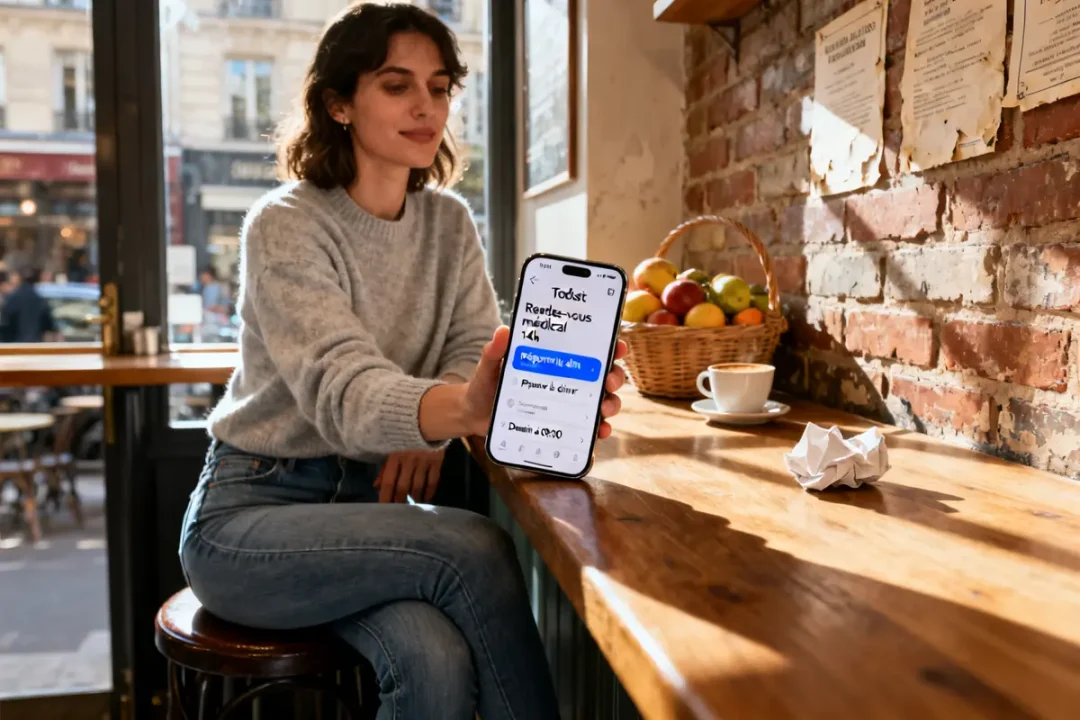 Personne montrant Todoist sur smartphone dans un café avec fruits et café à côté