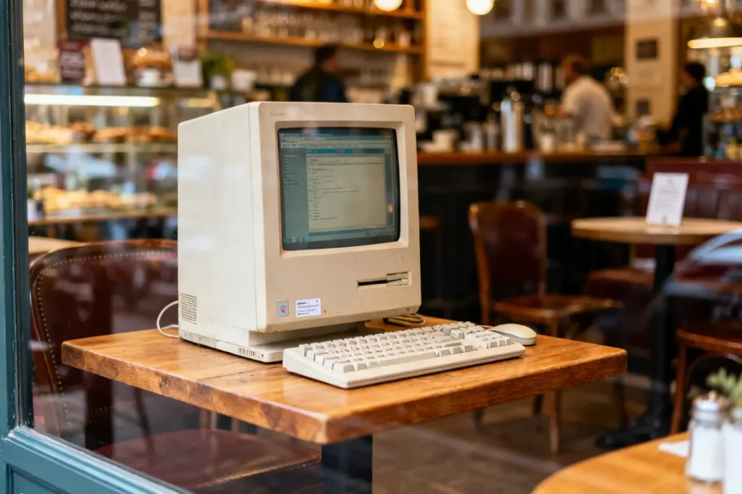 Ordinateur vintage sur table de café illustrant Un PC pour Tous rétro et convivial