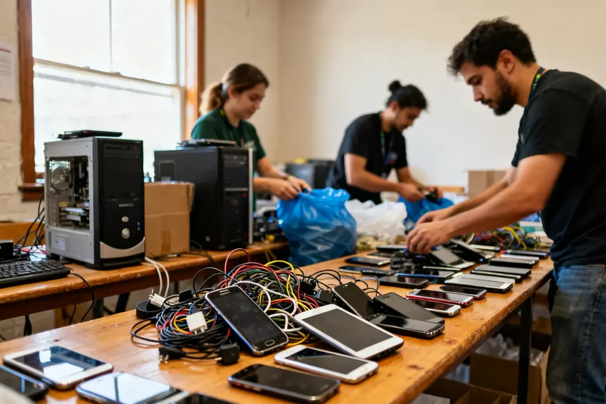 Personnes triant des appareils dans une association de récupération de matériel informatique sur une table