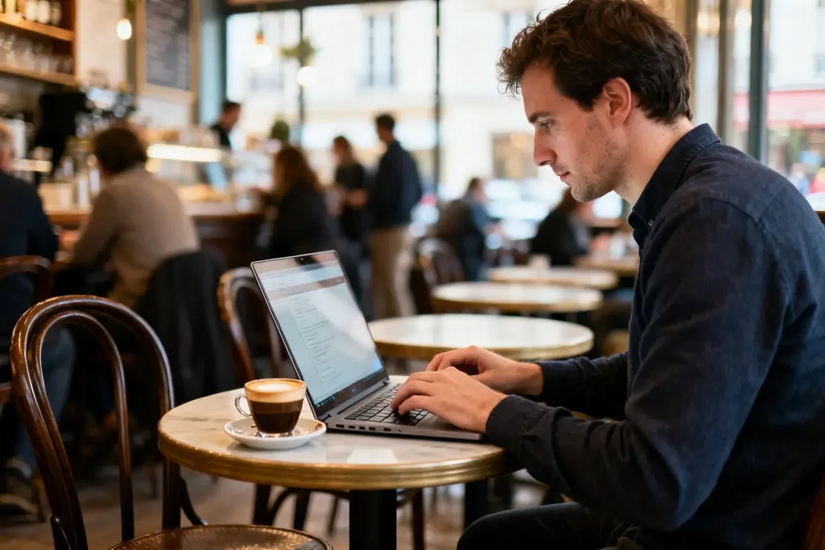 Homme café travaillant sur ordinateur portable pour la création auto-entrepreneur en ligne