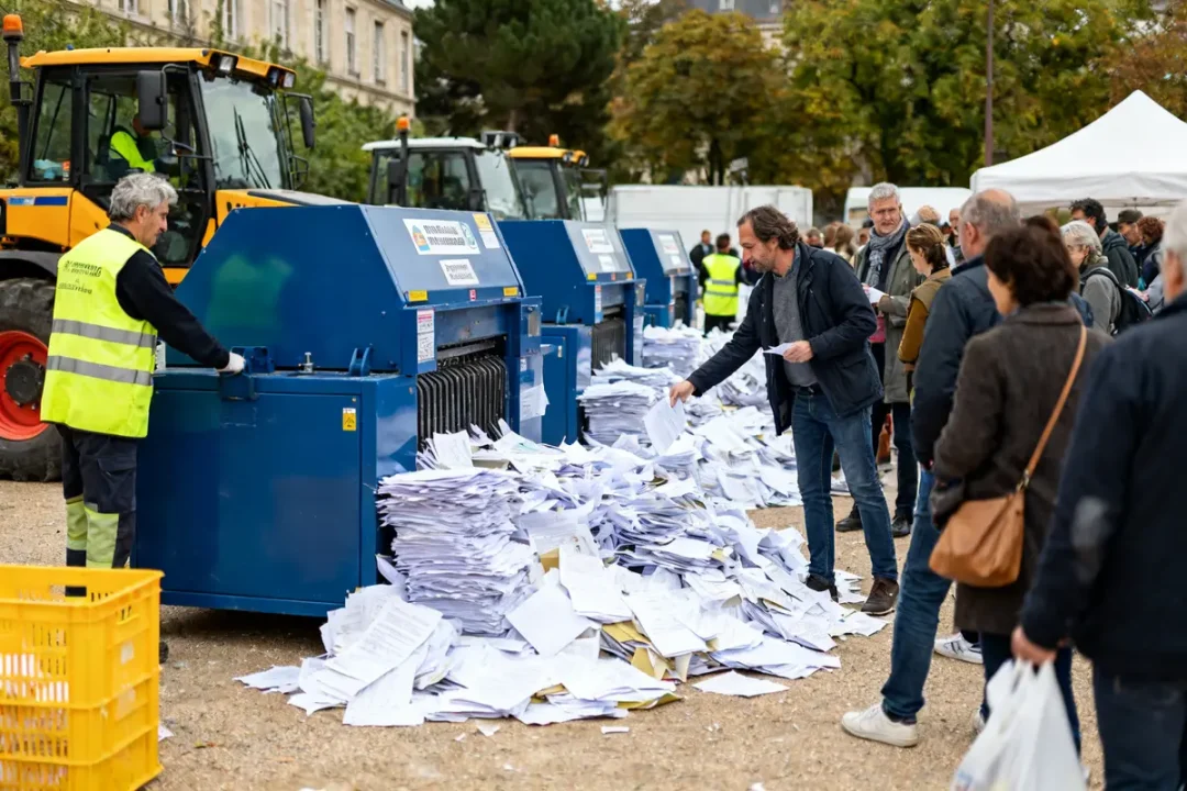 Destruction de documents gratuit avec des broyeurs industriels lors d'un événement en plein air