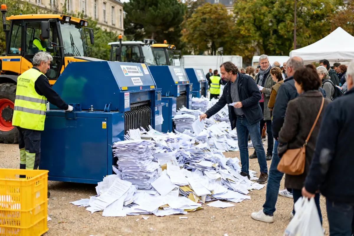 Destruction de documents gratuit avec des broyeurs industriels lors d'un événement en plein air