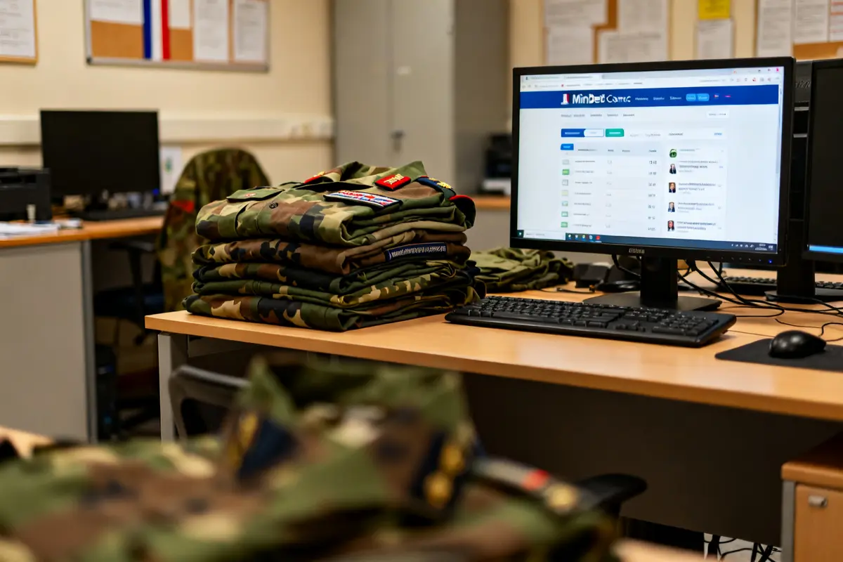 Bureau avec uniformes militaires empilés et écran d'ordinateur affichant logiciel de gestion habillement