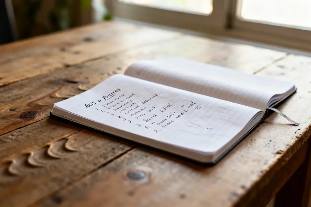 Carnet ouvert sur une table avec liste d’axes de progrès manuscrite lisible