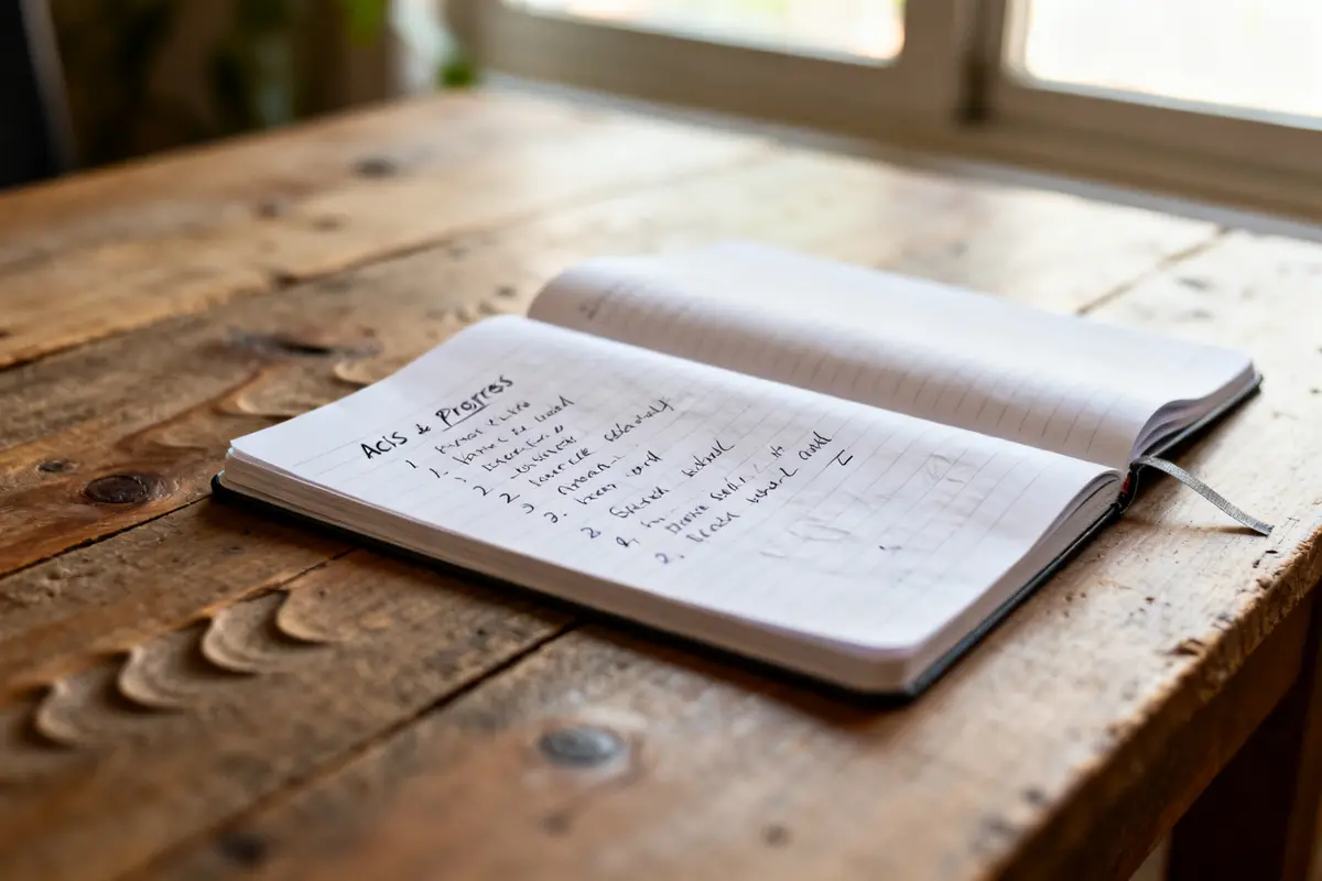 Carnet ouvert sur une table avec liste d’axes de progrès manuscrite lisible