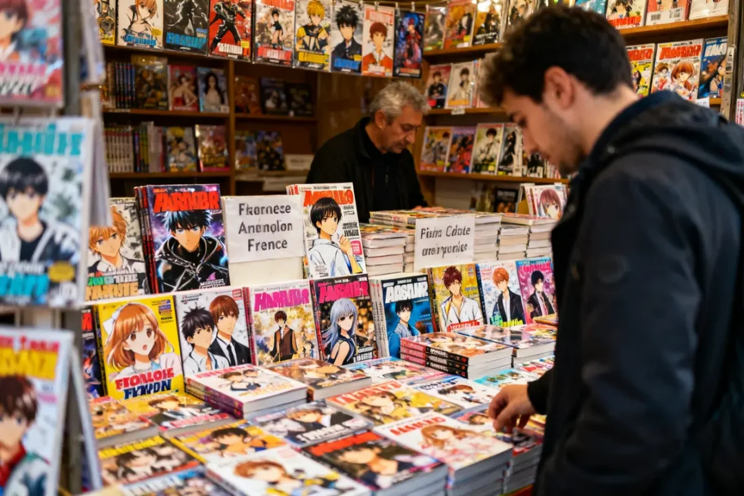 Homme explorant un stand de mangas d'origine variée dans une librairie spécialisée.