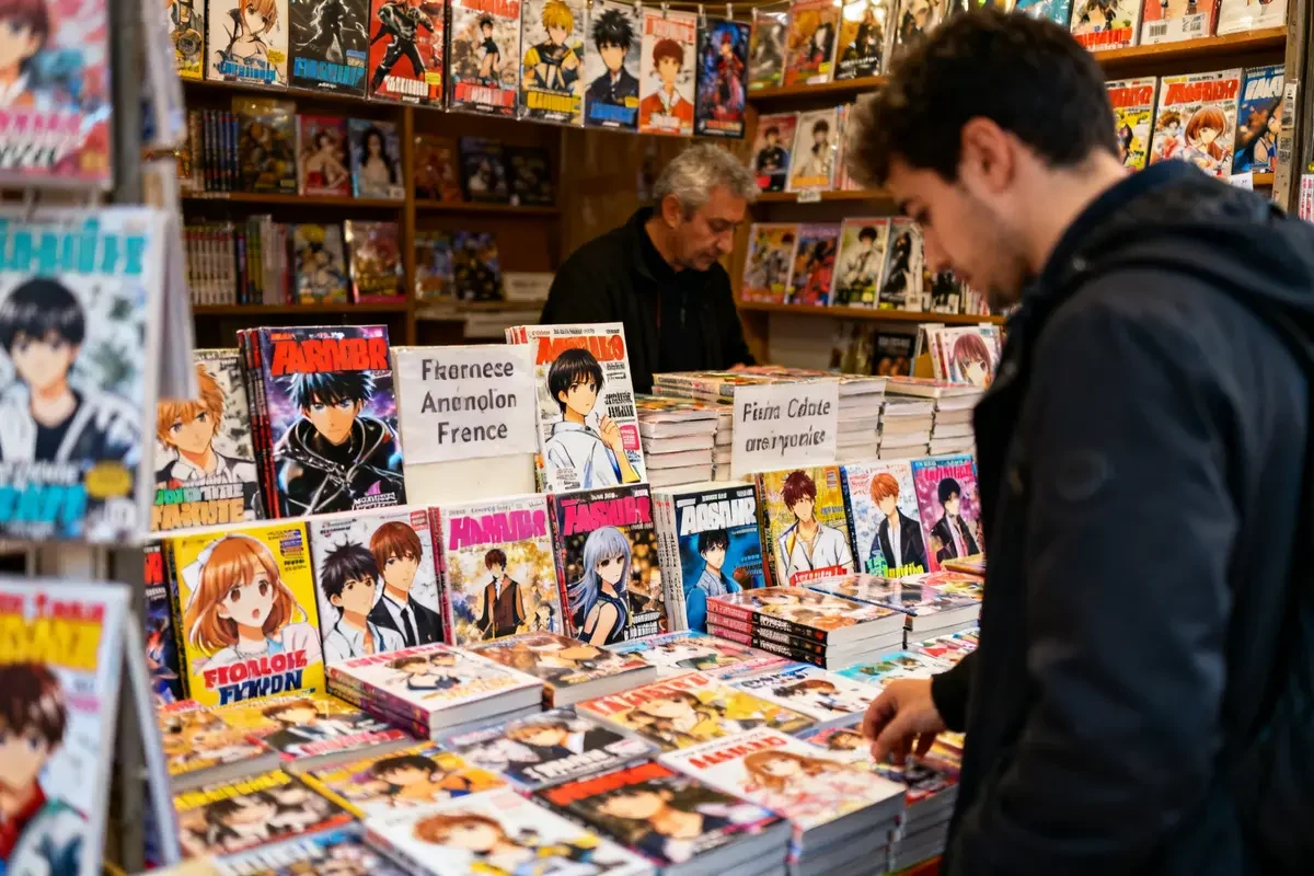 Homme explorant un stand de mangas d'origine variée dans une librairie spécialisée.