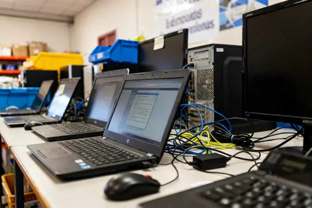 Ordinateurs portables alignés sur une table prêts matériel informatique à donner réseau câbles.