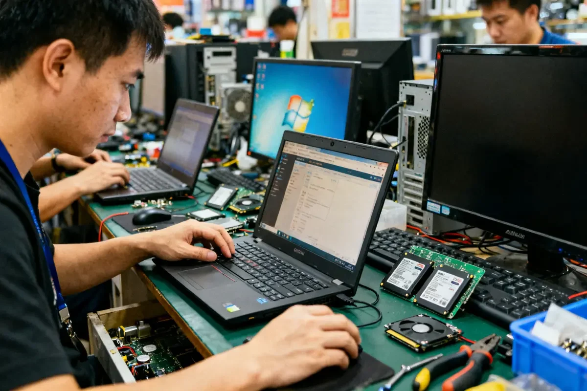 Technicien travaillant sur un ordinateur portable dans un personal computer center en activité