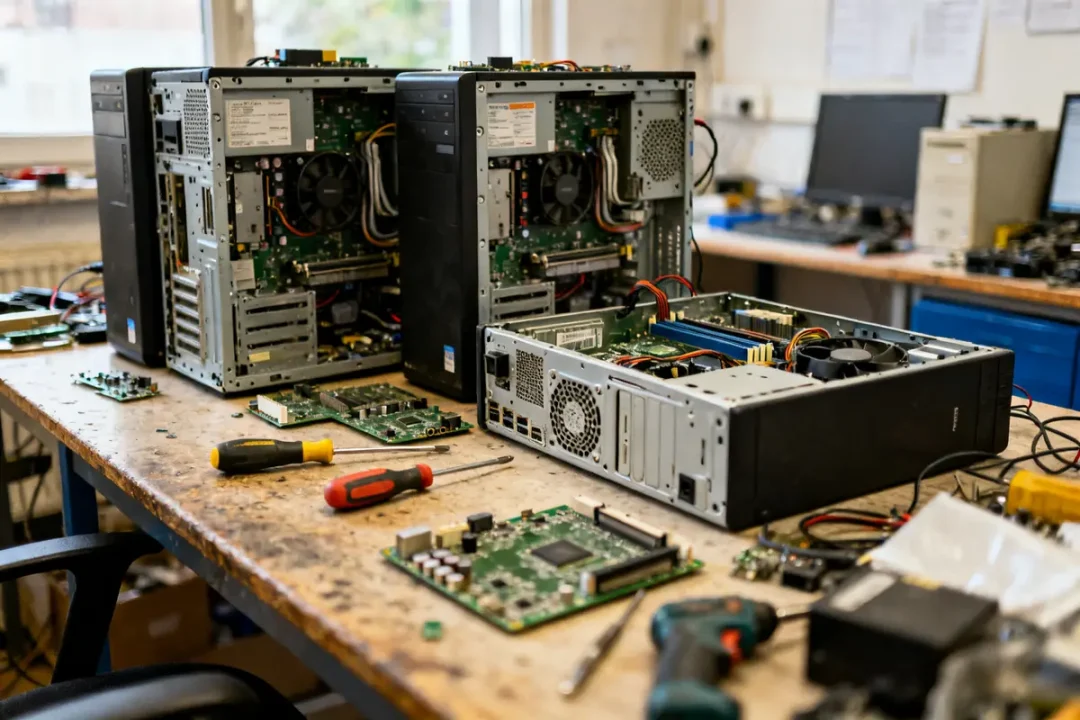 Atelier de reconditionnement de PC avec tours ouvertes et outils sur un établi