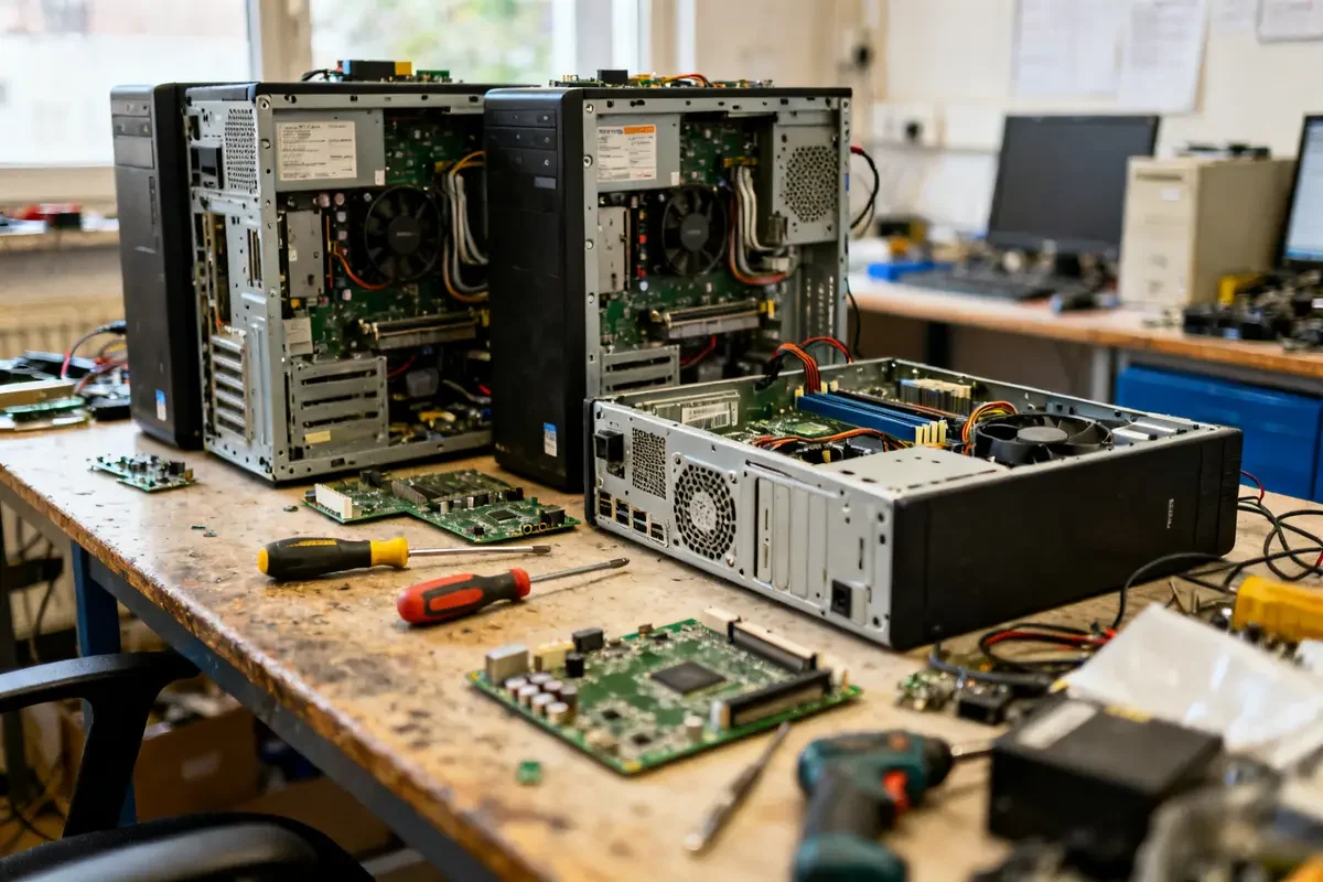 Atelier de reconditionnement de PC avec tours ouvertes et outils sur un établi