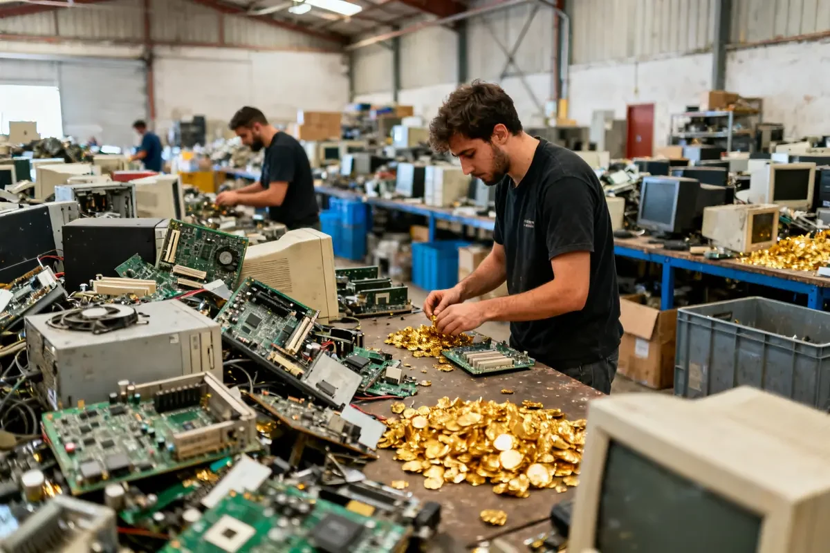 Des hommes démontent des composants électroniques dans un atelier de recyclage d'ordinateur pour récupérer matériaux