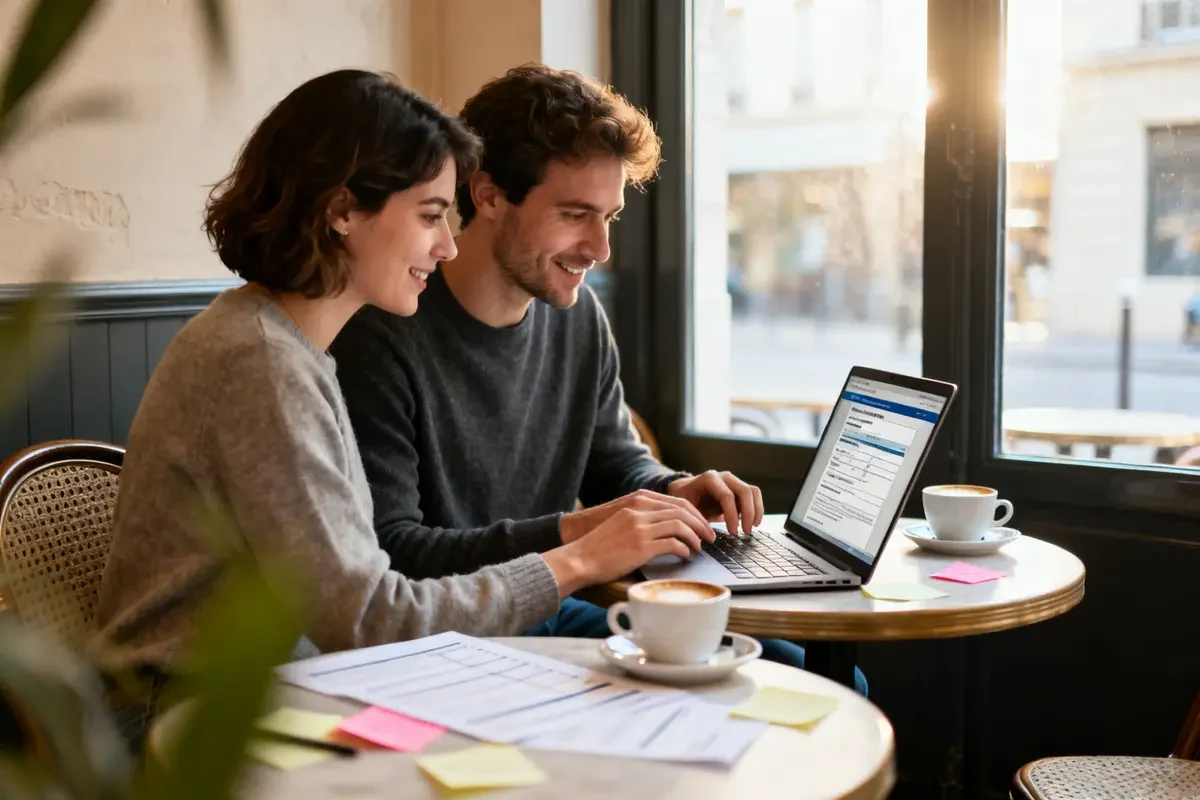 Un couple explore comment se domicilier en ligne dans un café parisien ensoleillé