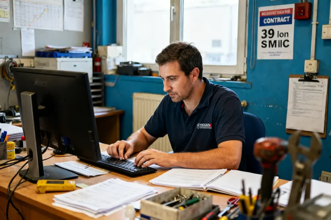Un homme travaille à un bureau informatique sur fond de panneau indiquant smic 39h