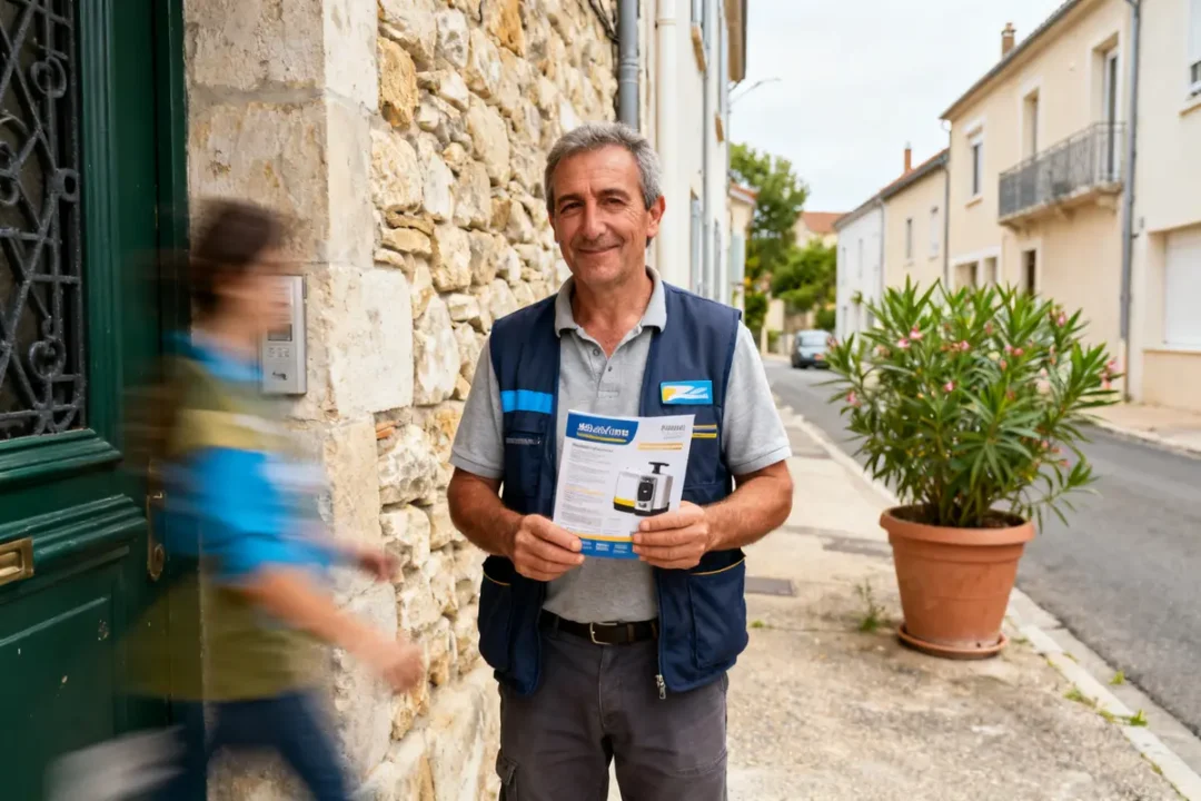 Homme souriant en tenue, dépliant en main, exemplifie le vendeur porte à porte efficace
