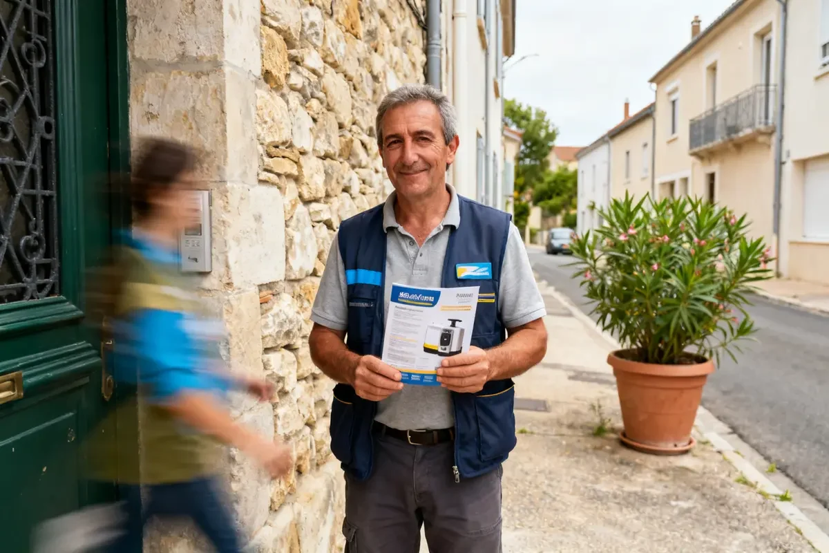 Homme souriant en tenue, dépliant en main, exemplifie le vendeur porte à porte efficace