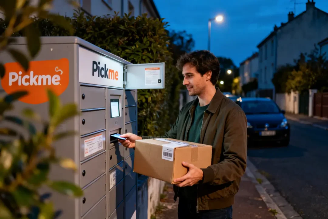 Un homme récupère un colis à un point voisin relais Pickme en soirée