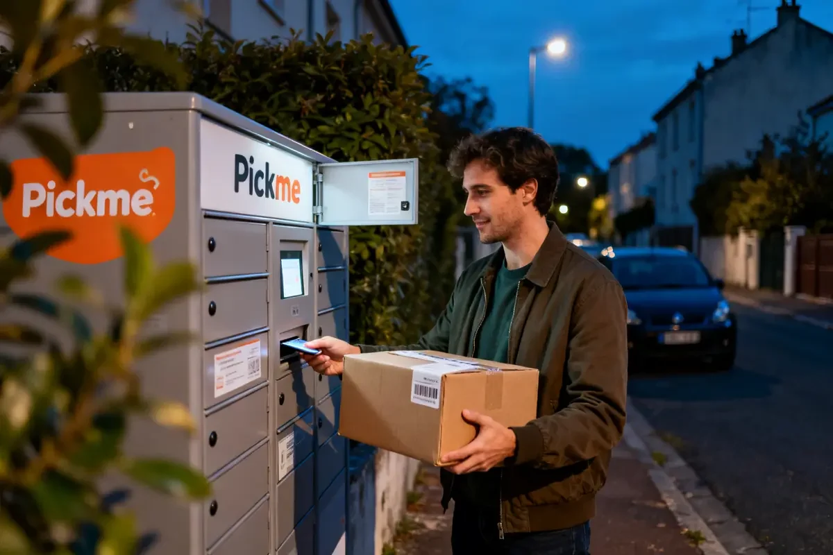 Un homme récupère un colis à un point voisin relais Pickme en soirée