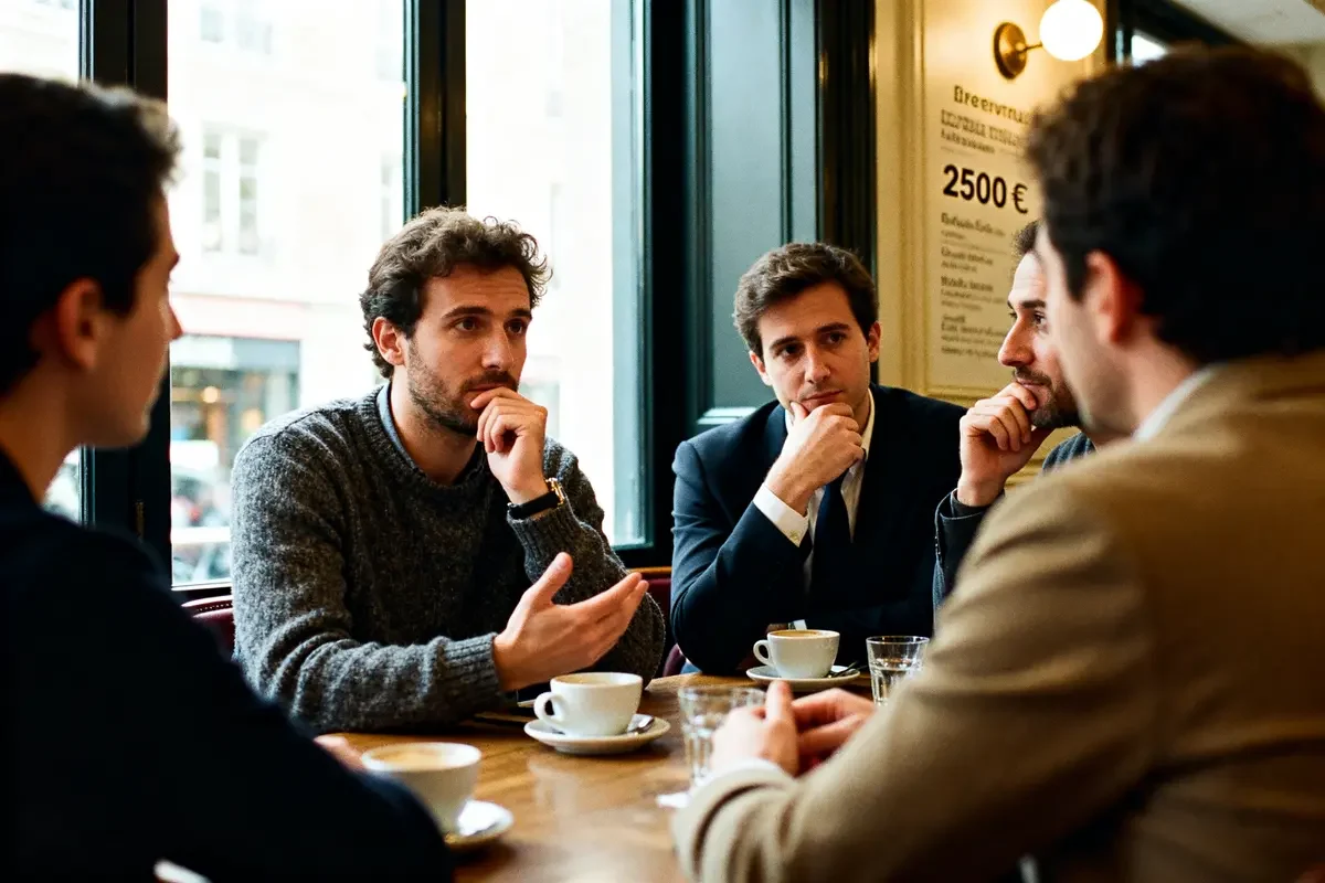 Groupe d'hommes discutant dans un café avec affiche mentionnant 2500 euros brut en net