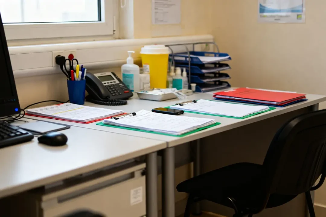 Bureau médical organisé avec dossiers CARPIMKO et fournitures essentielles sur le bureau.