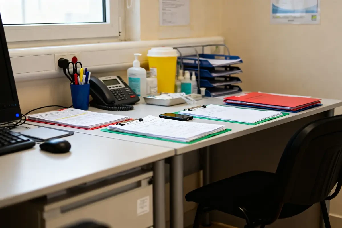 Bureau médical organisé avec dossiers CARPIMKO et fournitures essentielles sur le bureau.