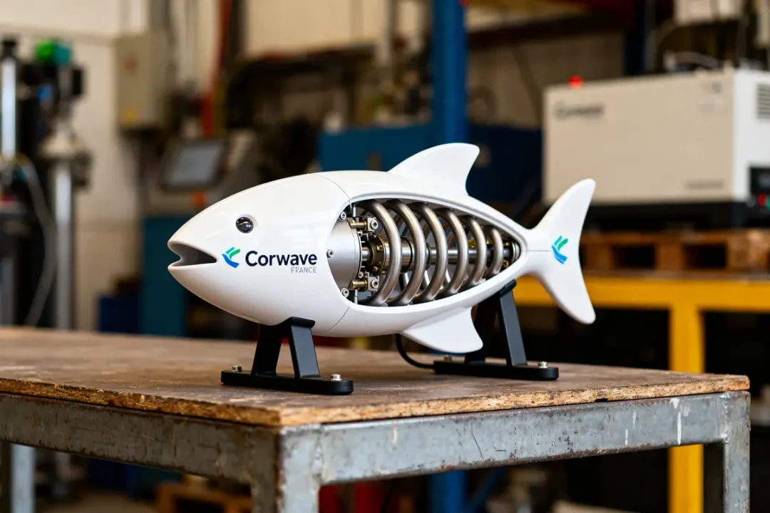 Poisson mécanique CorWave sur table industrielle en atelier avec intérieur exposé