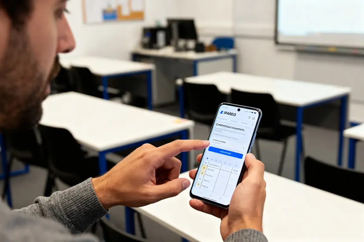 Une personne utilise l'application IPAREO sur smartphone dans une salle de classe vide