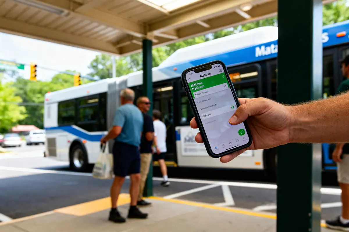 Téléphone montrant l'application Matawan devant un arrêt de bus avec des passagers en attente