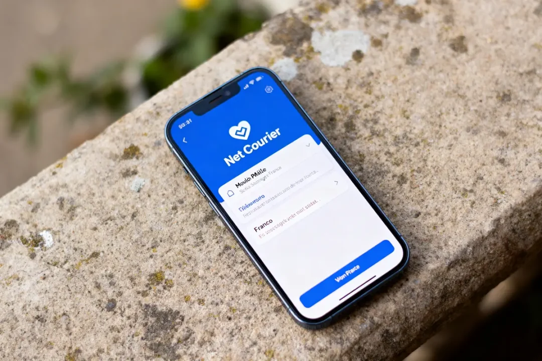 Smartphone sur une table affichant l'application Net Courrier avec écran de sélection d'options