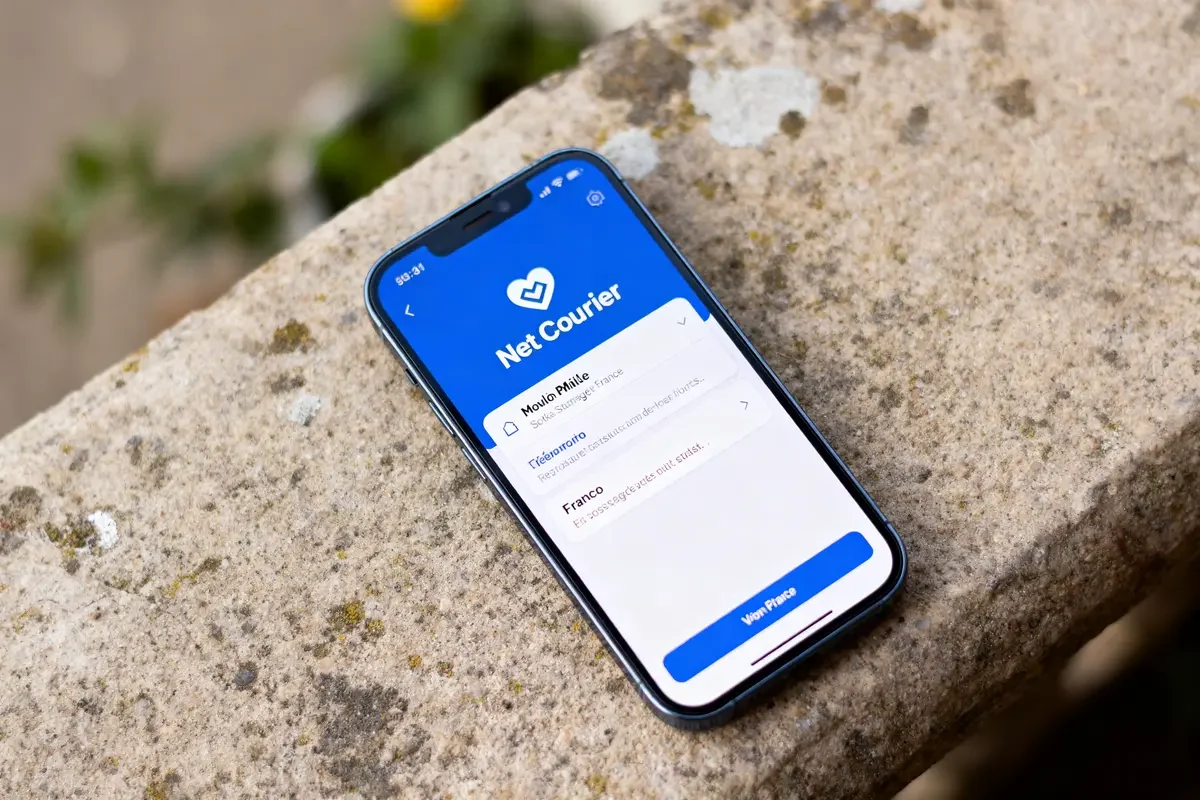 Smartphone sur une table affichant l'application Net Courrier avec écran de sélection d'options