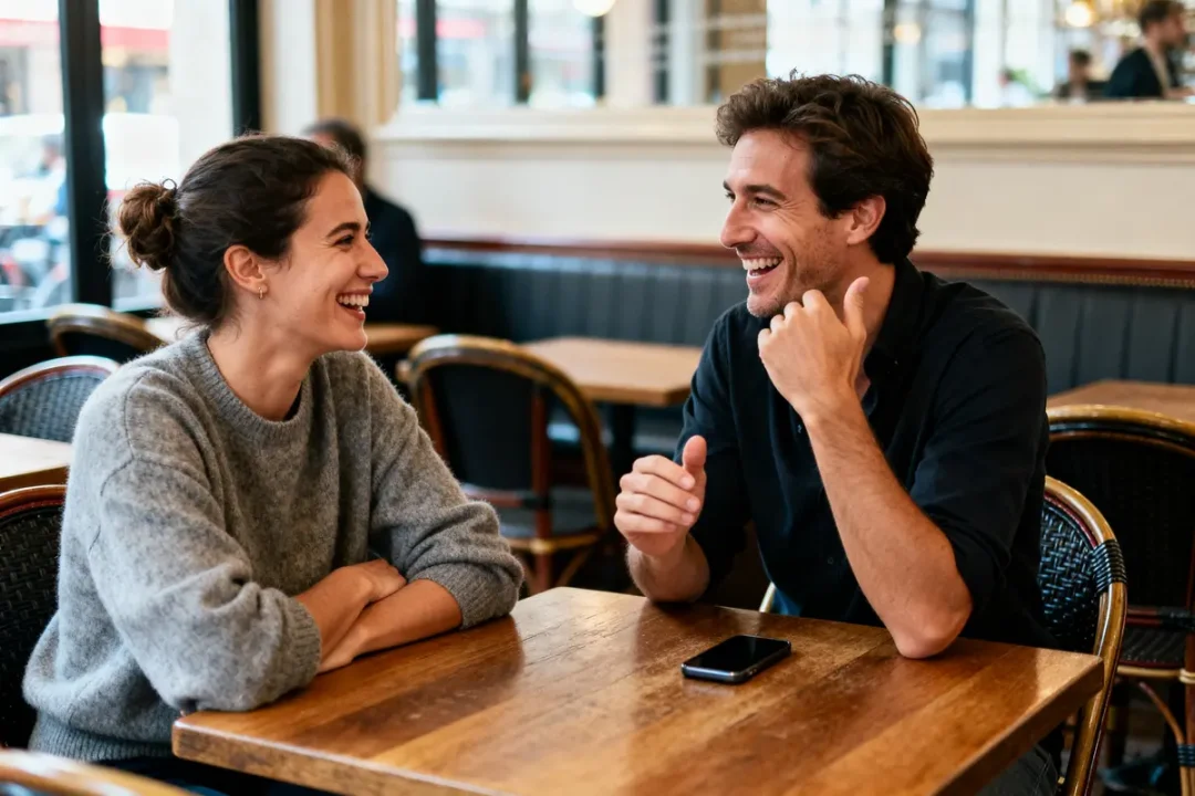 Deux personnes souriantes discutent dans un café à propos de parrainage banque efficace