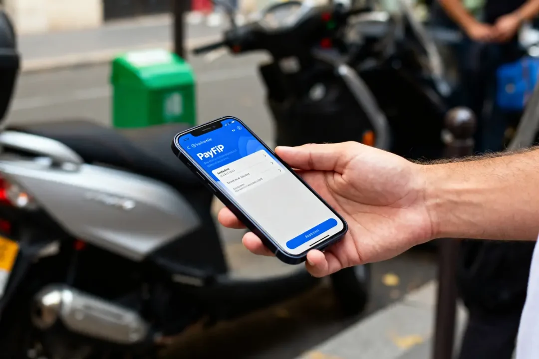 Une main tient un smartphone affichant l'application PayFiP pour paiement en ligne