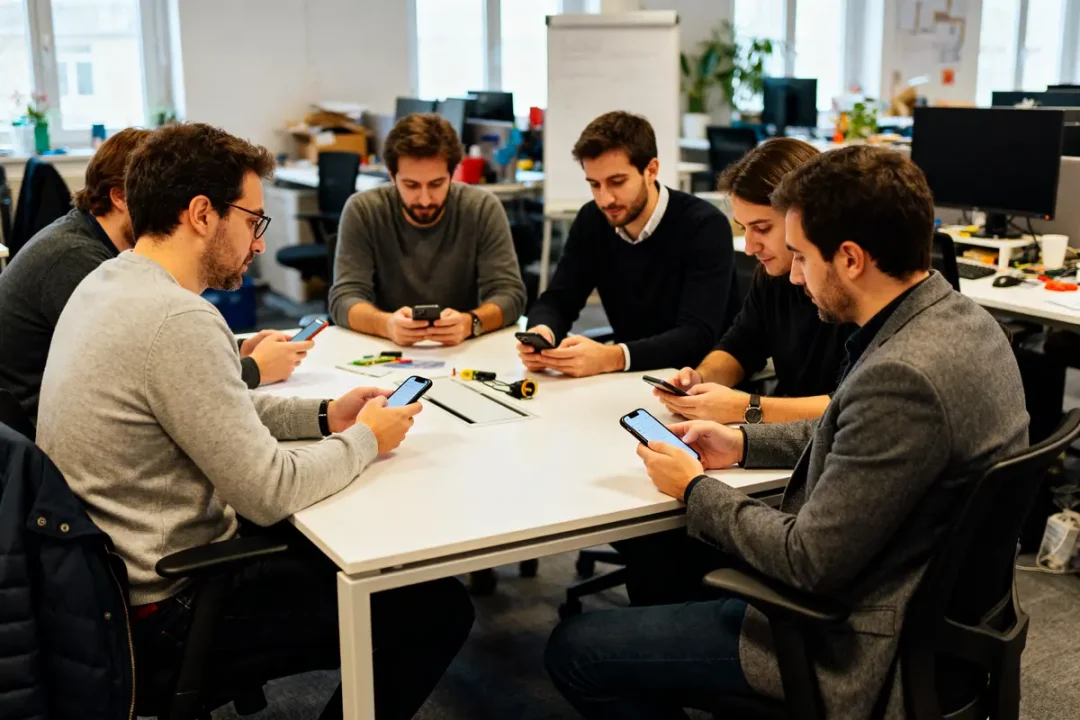 Collègues en réunion avec téléphones pour le Planning PME dans un bureau moderne