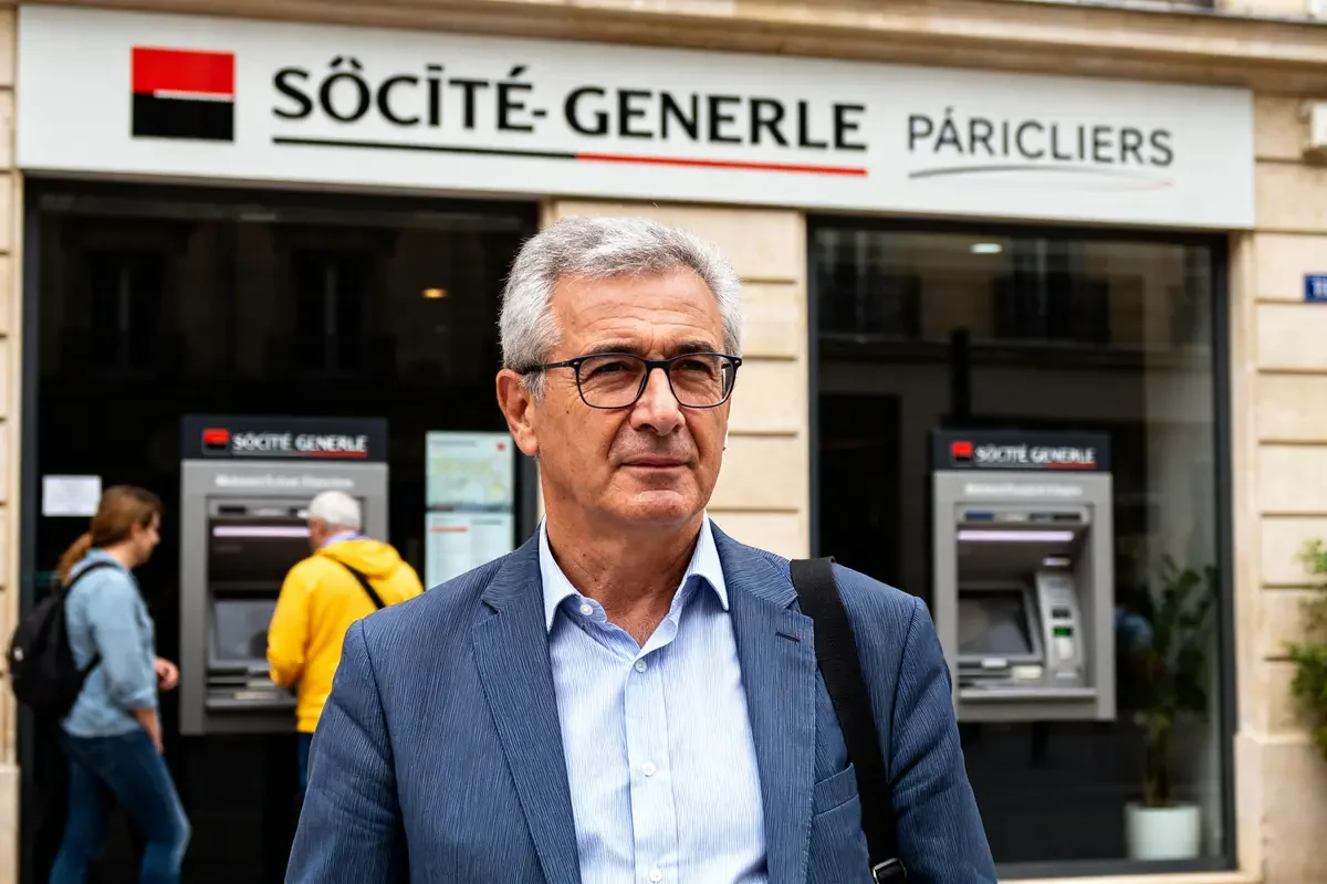 Homme devant agence Société Générale particuliers avec distributeurs automatiques en arrière-plan