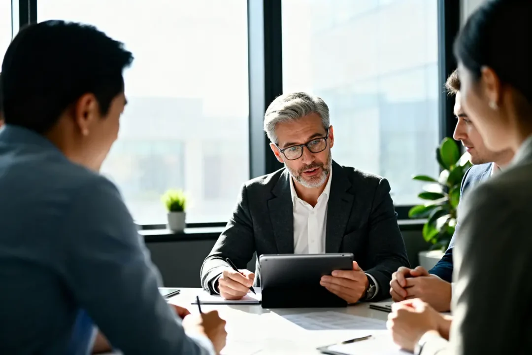 Un consultant avec tablette dirige une réunion d'affaires autour d'une table de bureau.