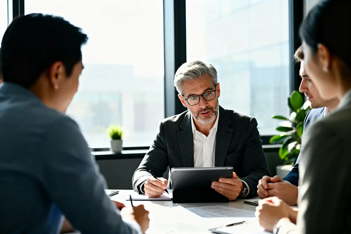 Un consultant avec tablette dirige une réunion d'affaires autour d'une table de bureau.