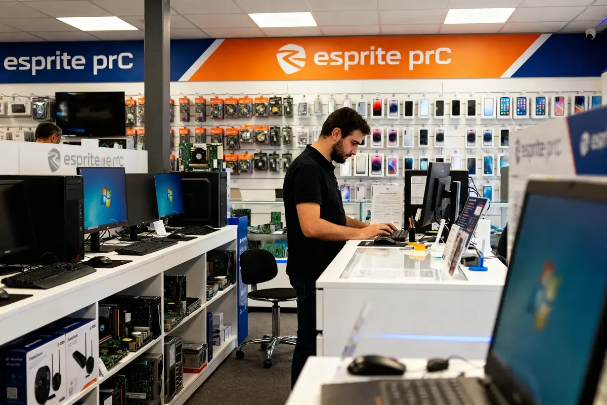 Homme travaillant dans le magasin d'informatique Esprit PC entouré d'ordinateurs et accessoires high-tech