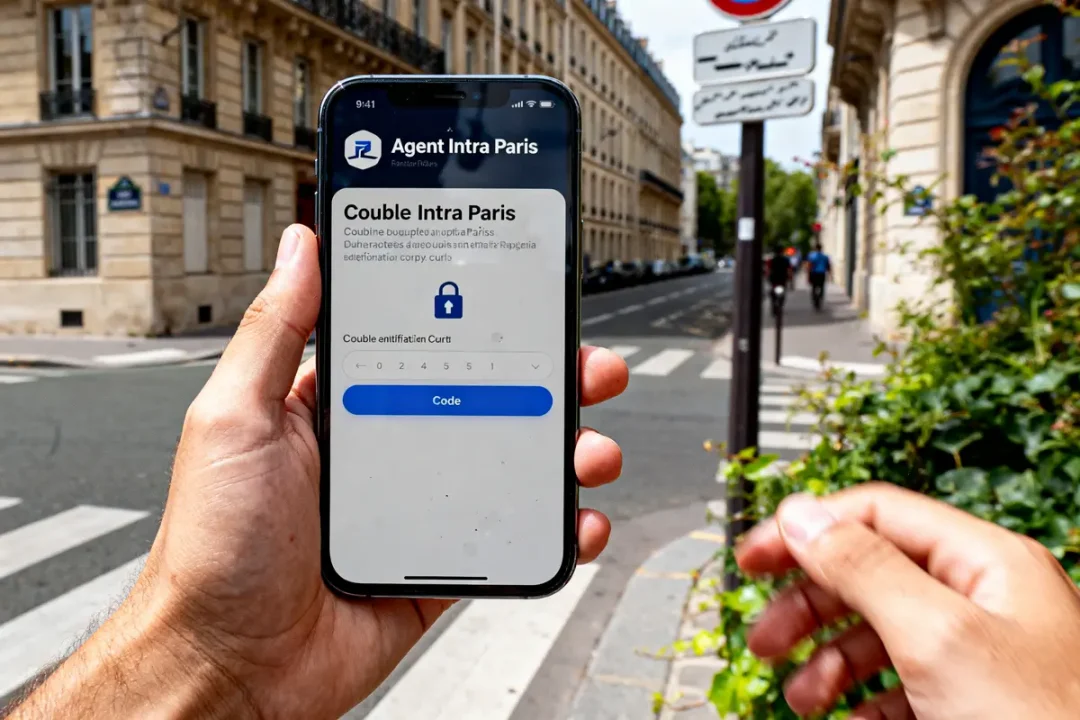 Main tenant un téléphone avec mon IntraParis compte agent ouvert à Paris rue déserte