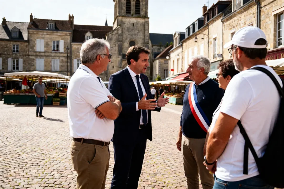 Un maire discute avec citoyens sur salaire du maire dans une place de village.