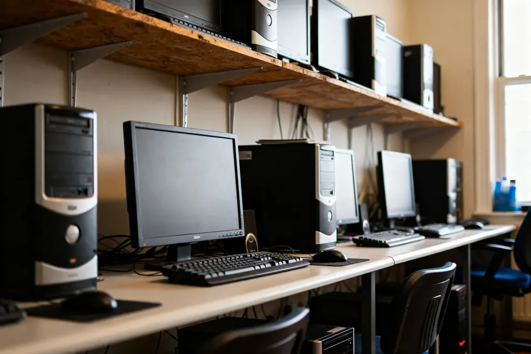 Salle avec ordinateurs de bureau alignés, promus par un site d'ordinateurs reconditionnés