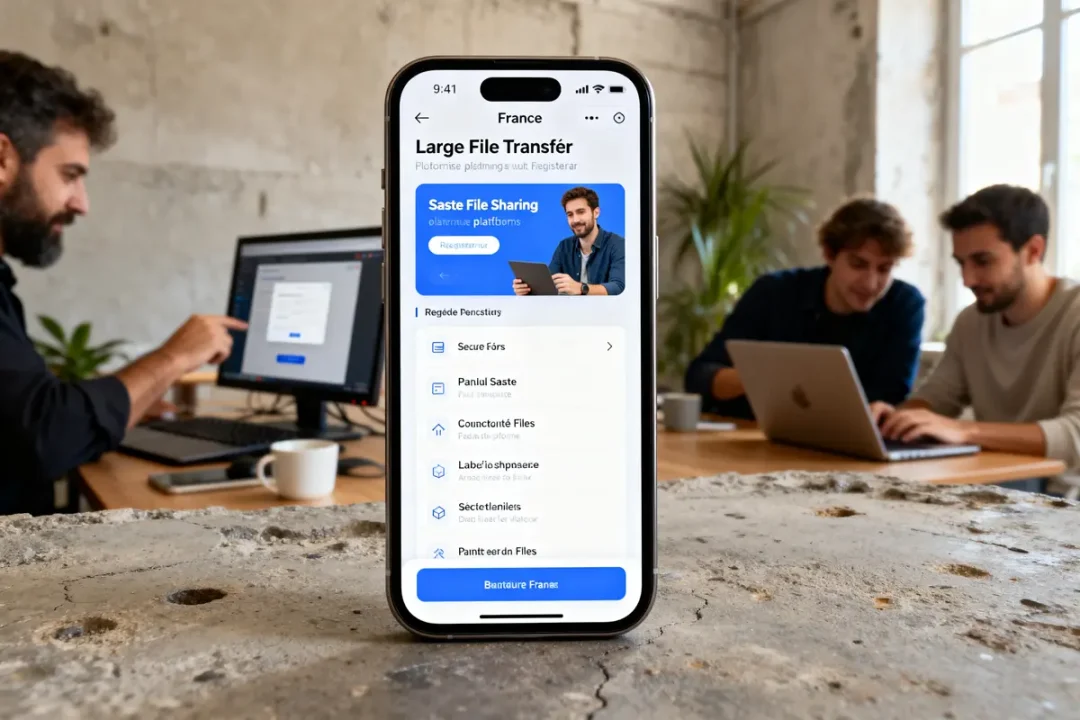 Un smartphone affiche une application de transfert gros fichiers devant des personnes travaillant sur ordinateurs