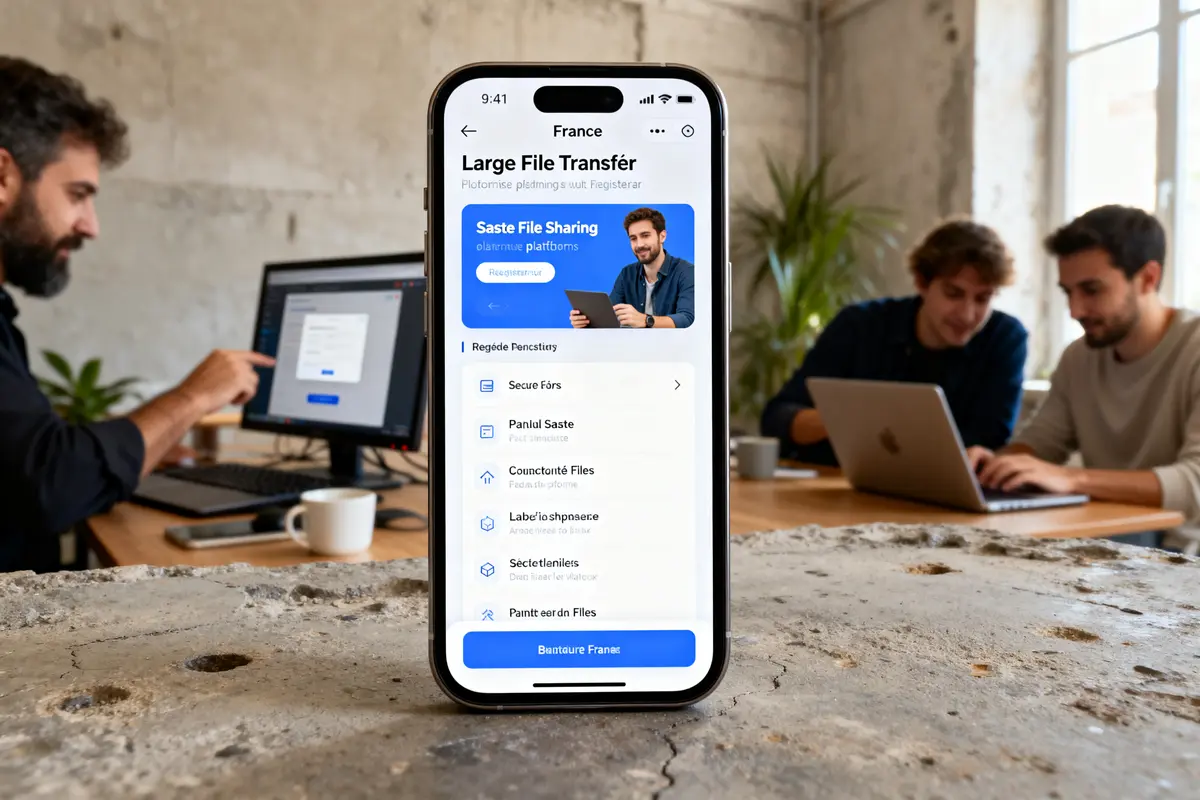 Un smartphone affiche une application de transfert gros fichiers devant des personnes travaillant sur ordinateurs