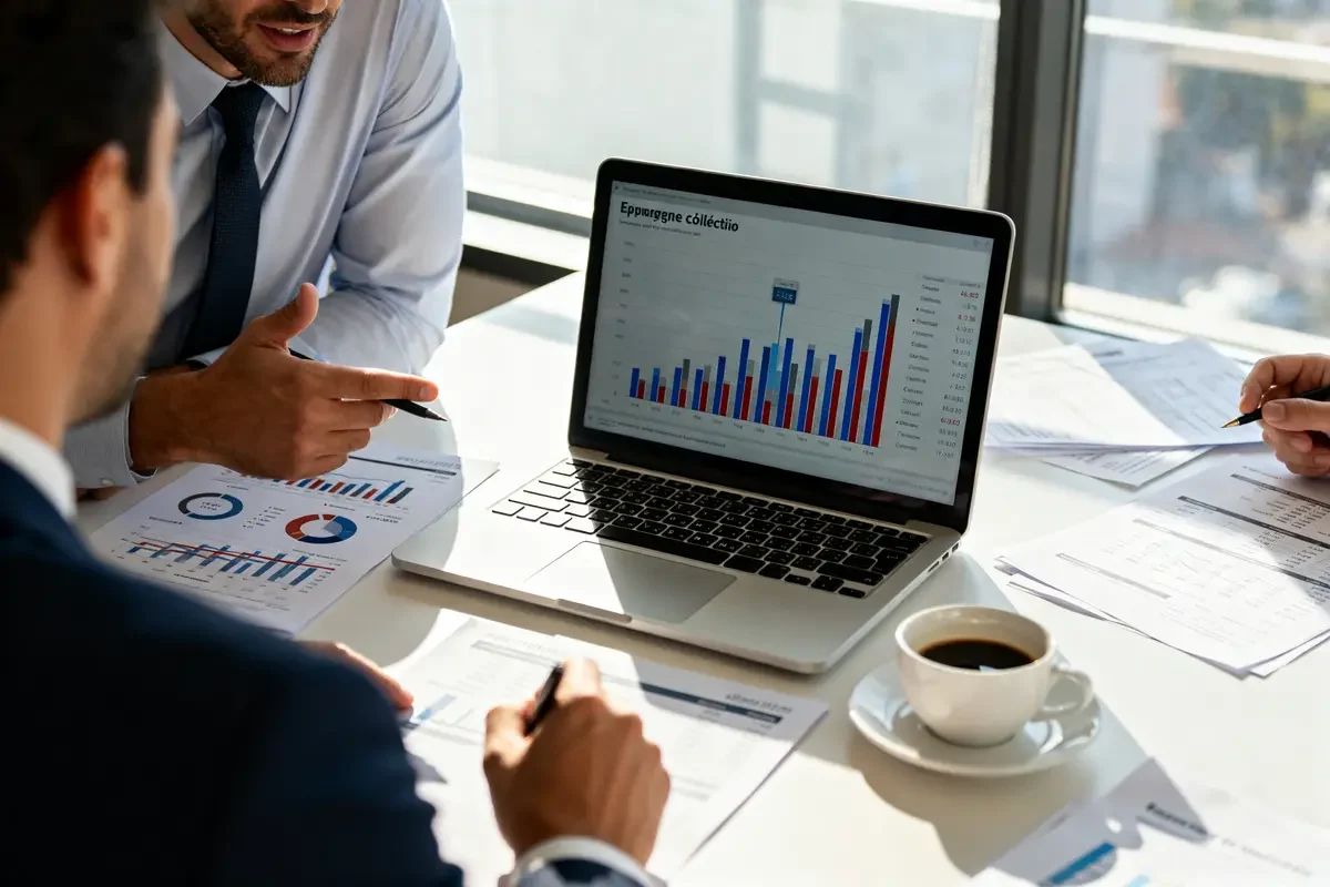 Réunion professionnelle analysant graphiques sur la gestion de l'épargne salariale CIC