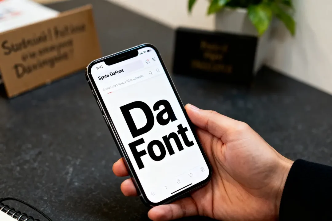 Personne tenant un smartphone affichant le site DaFont pour choisir des polices gratuites